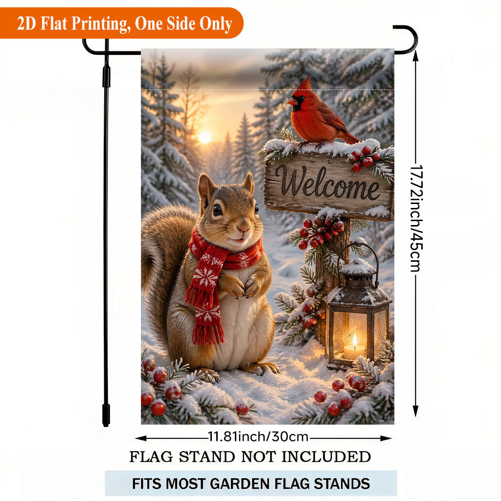 TEMU 2d Flat - 2d Flat - 2d Flat Printing Garden Flag 1pc, Winter Scarf Wearing Squirrel Single Sided Polyester Garden Flag, Holiday Yard Banner, For