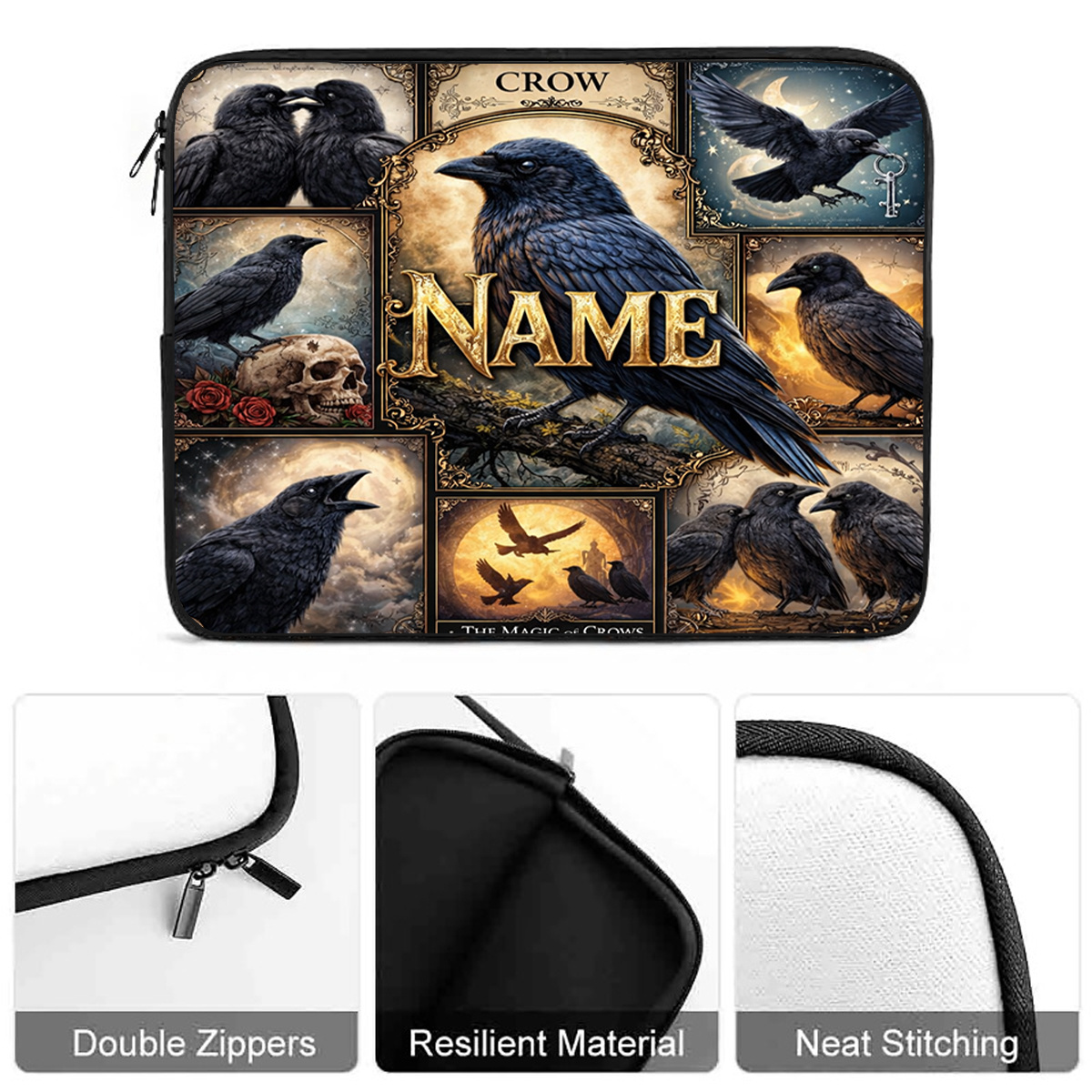 Custom Magic Crow Art Laptop Sleeve Case for 25.4 to 43.18cm Laptops