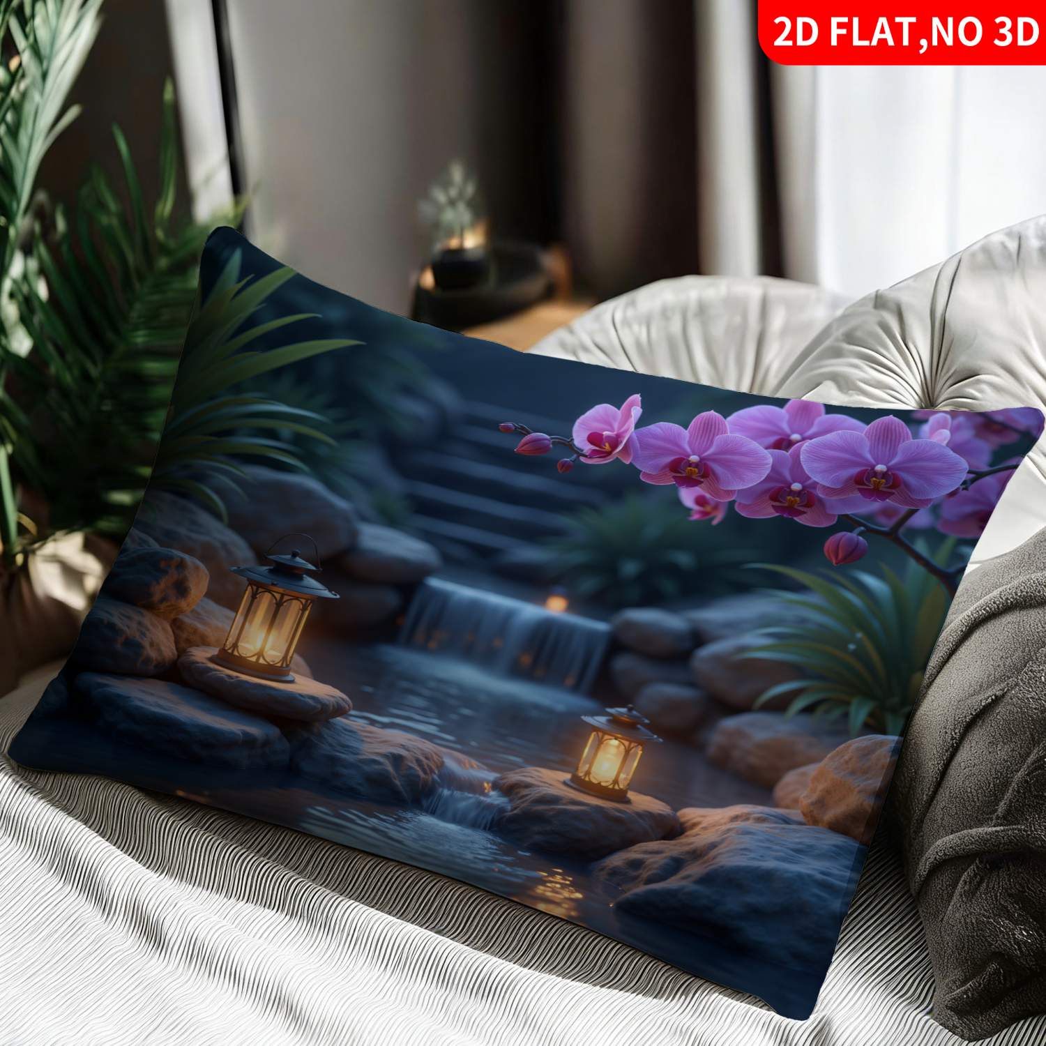 TEMU 1pc Pillowcase (pillow Inserts Not Included) 2d Flat Print Product Style Garden Blue Purple Flowers Waterfall Lanterns Print Pattern Ideal For