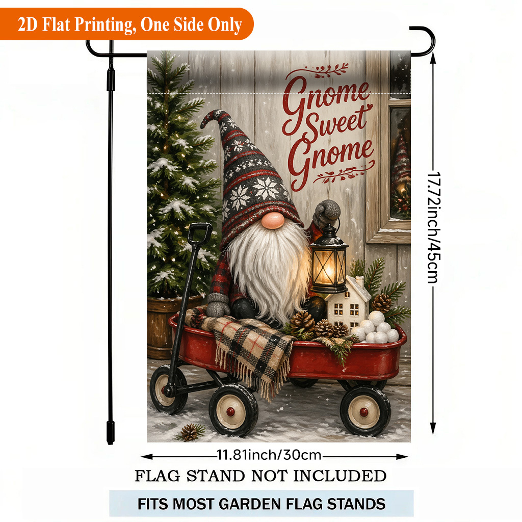 TEMU 2d Flat - 2d Flat - 2d Flat Printing Garden Flag 1pc, Winter Gnome Lantern Scene Single Sided Polyester Garden Flag, Holiday Yard Banner, For