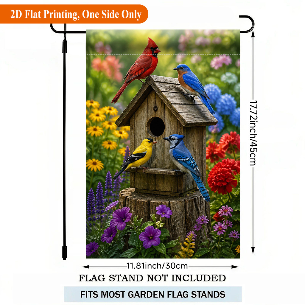 TEMU 2d Flat, 2d Flat Printing Garden Flag 1pc, Colorful Birds Around Birdhouse Single Sided Polyester Garden Flag, Holiday Yard Banner, For Outdoor