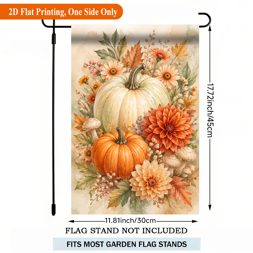 TEMU Plat 2D, Drapeau de jardin imprimé plat 2D 1 pièce, Drapeau de jardin en polyester à face unique avec citrouilles et fleurs d'automne, Bannière