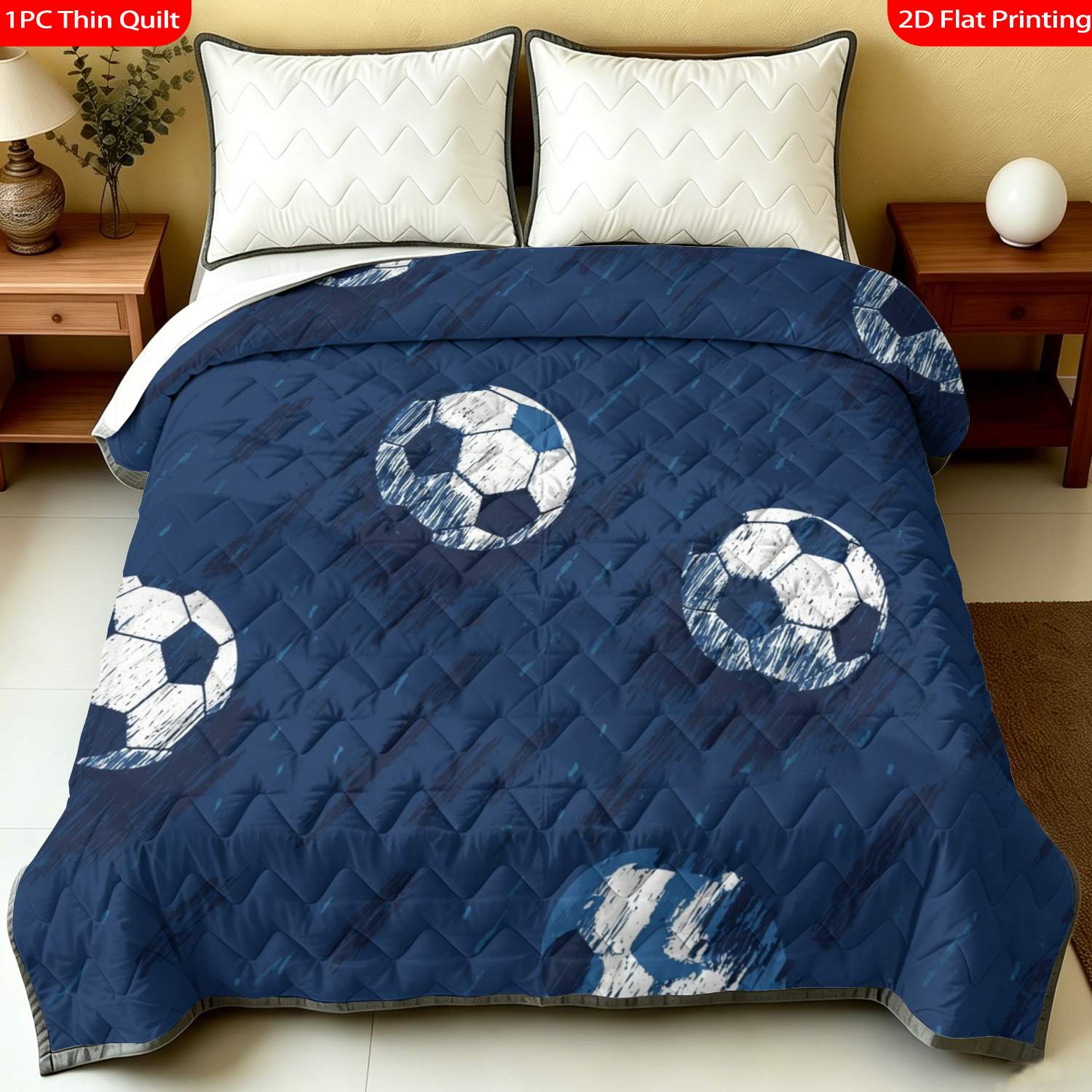 TEMU 1pc Thin Quilt 2d Flat Print Soccer Ball Blue Pattern Machine Washable And Resistant To Deformation Suitable, In Multiple Sizes, Suitable For