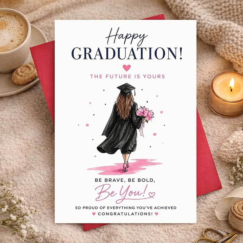 TEMU 1pc Greeting Card And 1pc Envelope. 2d Flat Elegant Graduation Card, Girl Wearing Graduation And Gown, Holding Pink Flowers, With Inspirational