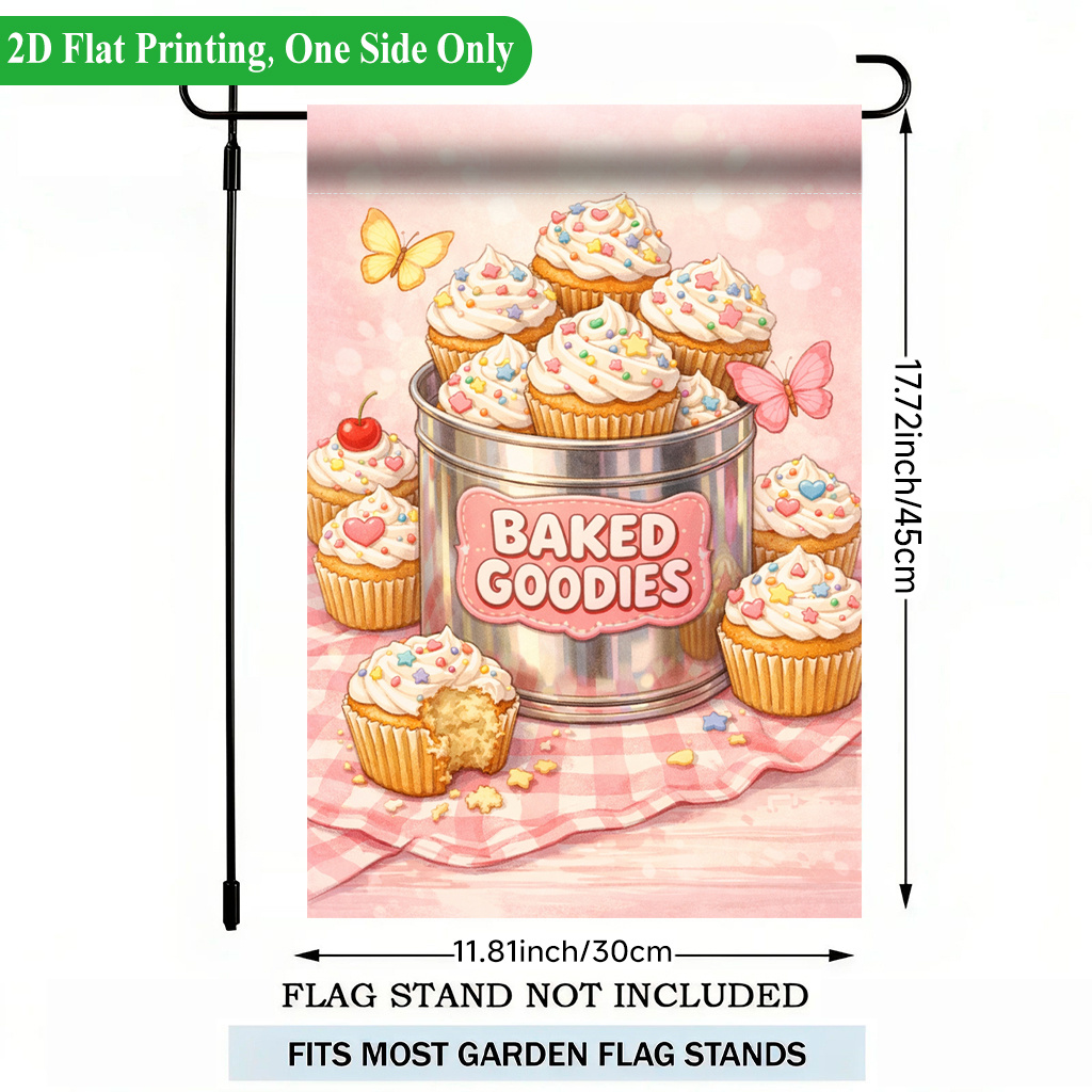 TEMU 2d Flat, 2d Flat Printing Garden Flag 1pc, Cupcake Display Tin Single Sided Garden Flag, Polyester, Holiday Yard Banner, Seasonal Outside
