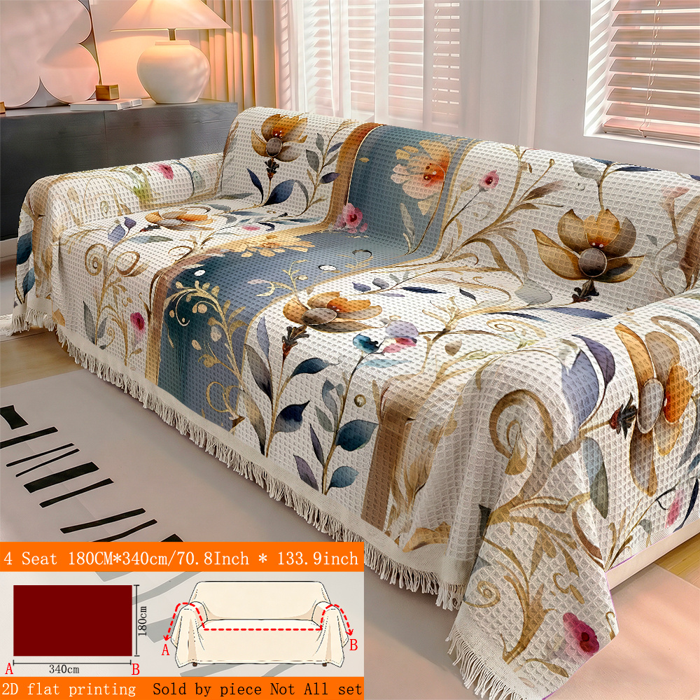 TEMU 1pc Golden Floral Vine Stripe Waffle Sofa Cover Slipcover With Tassels - Full Cover Suitable For All Sofas (1/2/3/4-seater), Machine Washable