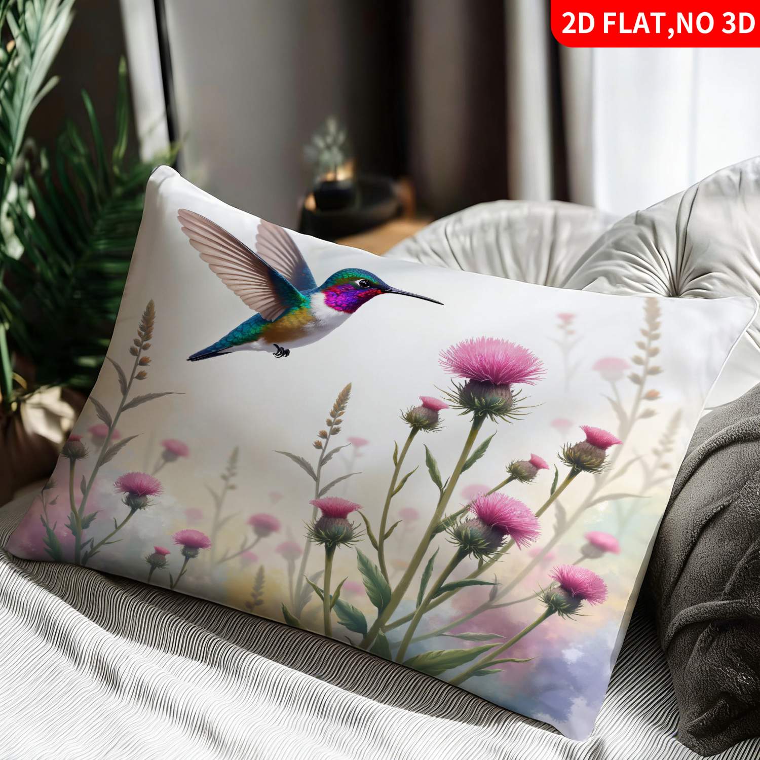 TEMU 1pc Pillowcase(pillow Inserts Not Included) 2d Flat Print Watercolor Hummingbird & Thistle Flowers Design Multicolor Nature Pattern Ideal For
