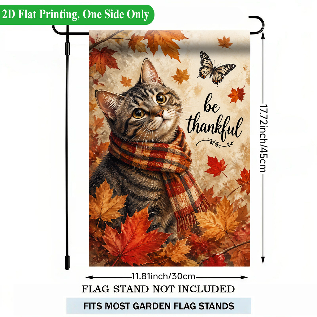 TEMU Drapeau de jardin plat 2D - Impression 2D - 1pc, Chat reconnaissant, écharpe d'automne, drapeau de jardin simple face, polyester, bannière de