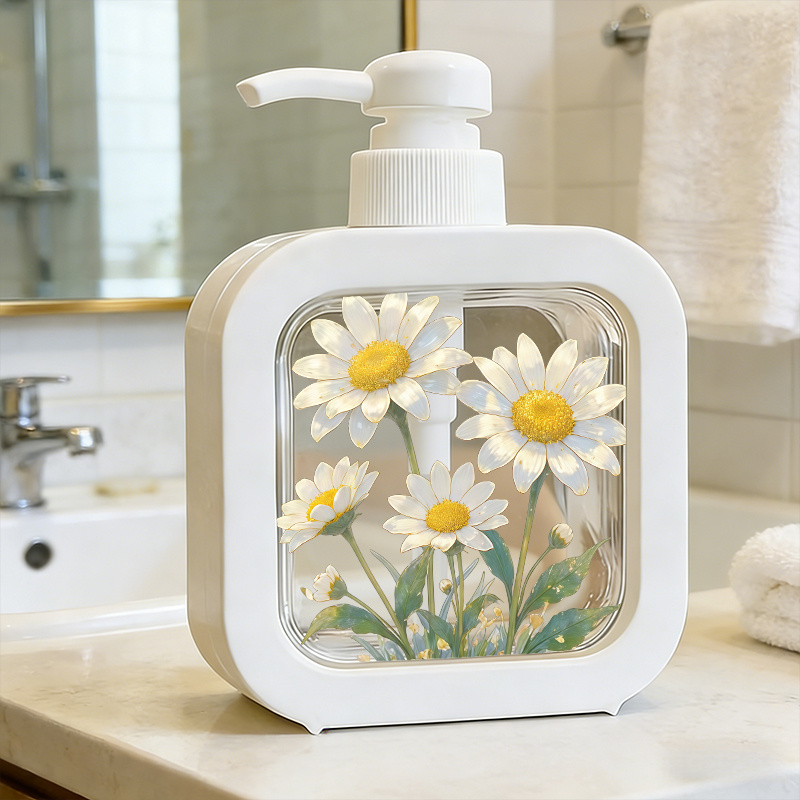 TEMU Botella dispensadora con bomba manual de 1 pieza con de margaritas, recargable, para jabón, loción, desinfectante de manos, gel de baño -