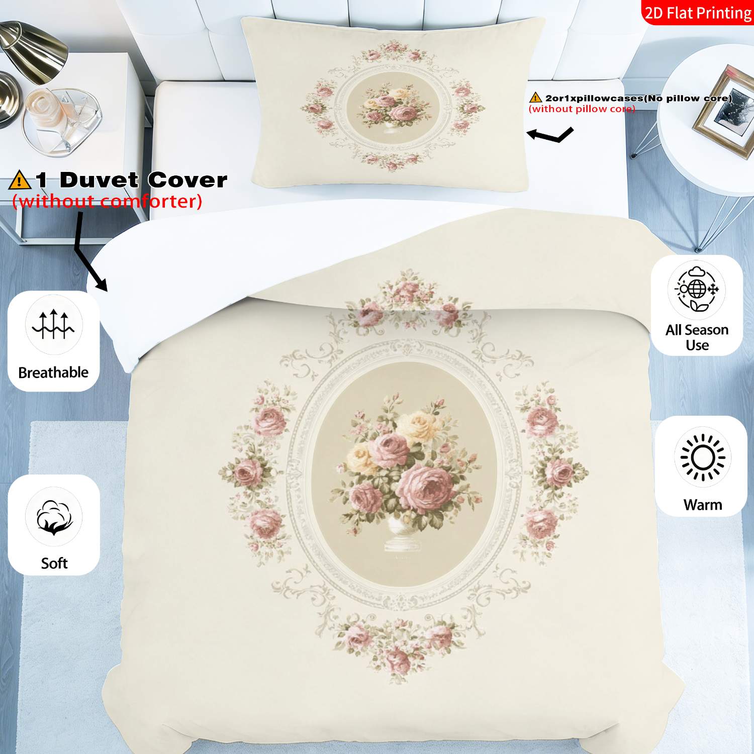 TEMU 2/3pcs 2d Flat Printing Vintage Quilt Cover Bedding Beige Pink White Elegant Rose Vase Ornate Frame Print Suitable For Occasions (1 Duvet Cover