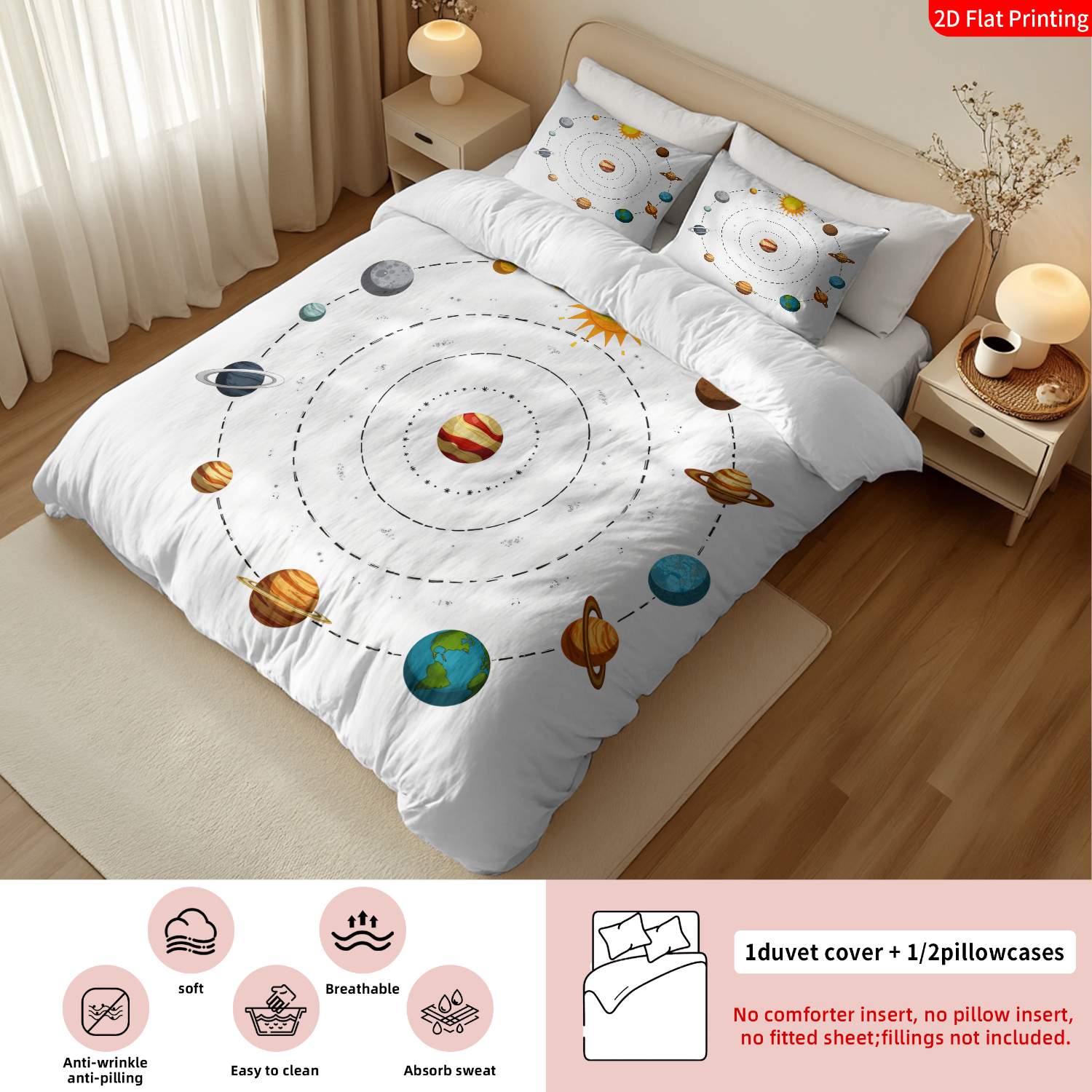 2 3pcs 2d flat printing modern minimalist solar system quilt cover bedding multicolor planets sun stars print pattern and text suitable for bedroom decoration 1 duvet cover and 1 2 pillowcases without core
