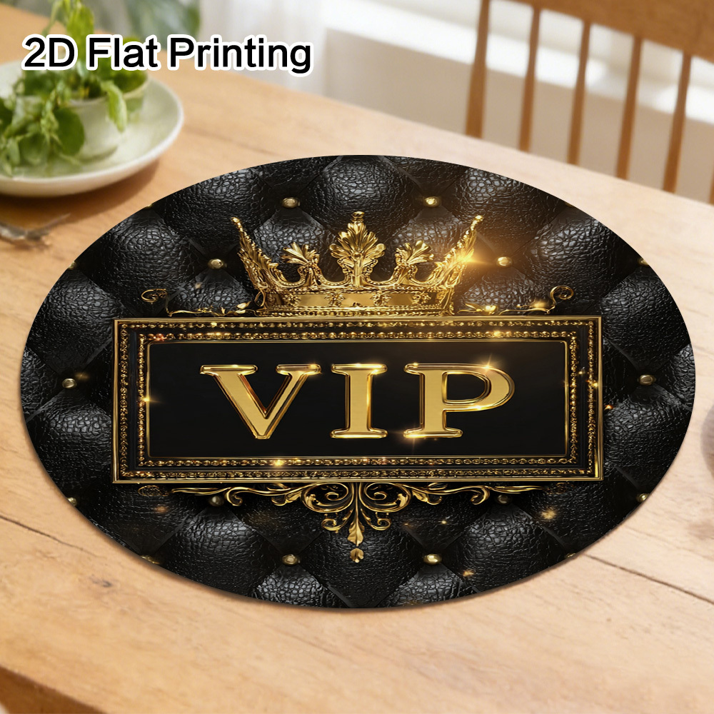 (2D Plano) 2 piezas/4 piezas/6 piezas/8 piezas de lujosas encimera redondas con ilustración de corona dorada VIP, encimera de mesa ligera y fácil de limpiar para el hogar, comedor, restaurante, cafetería, fiesta, boda, decoración de banquetes