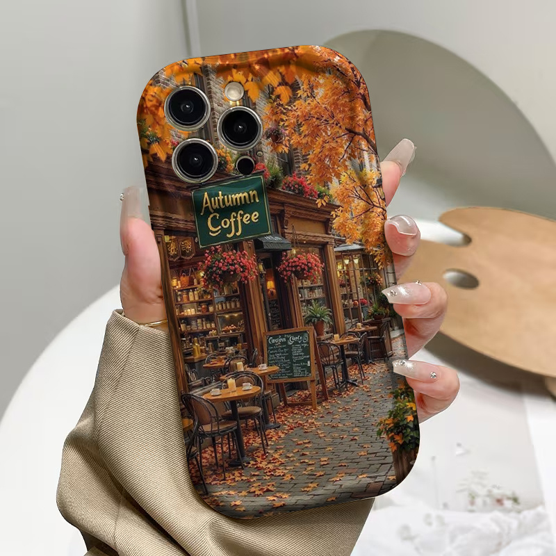 TEMU Phone Case - A Curly Wavy Border White Phone Case, Cozy Autumn Coffee Shop Scene Phone Case Suitable For Iphone 17/16e/16/15/14/13/12/11/8/7