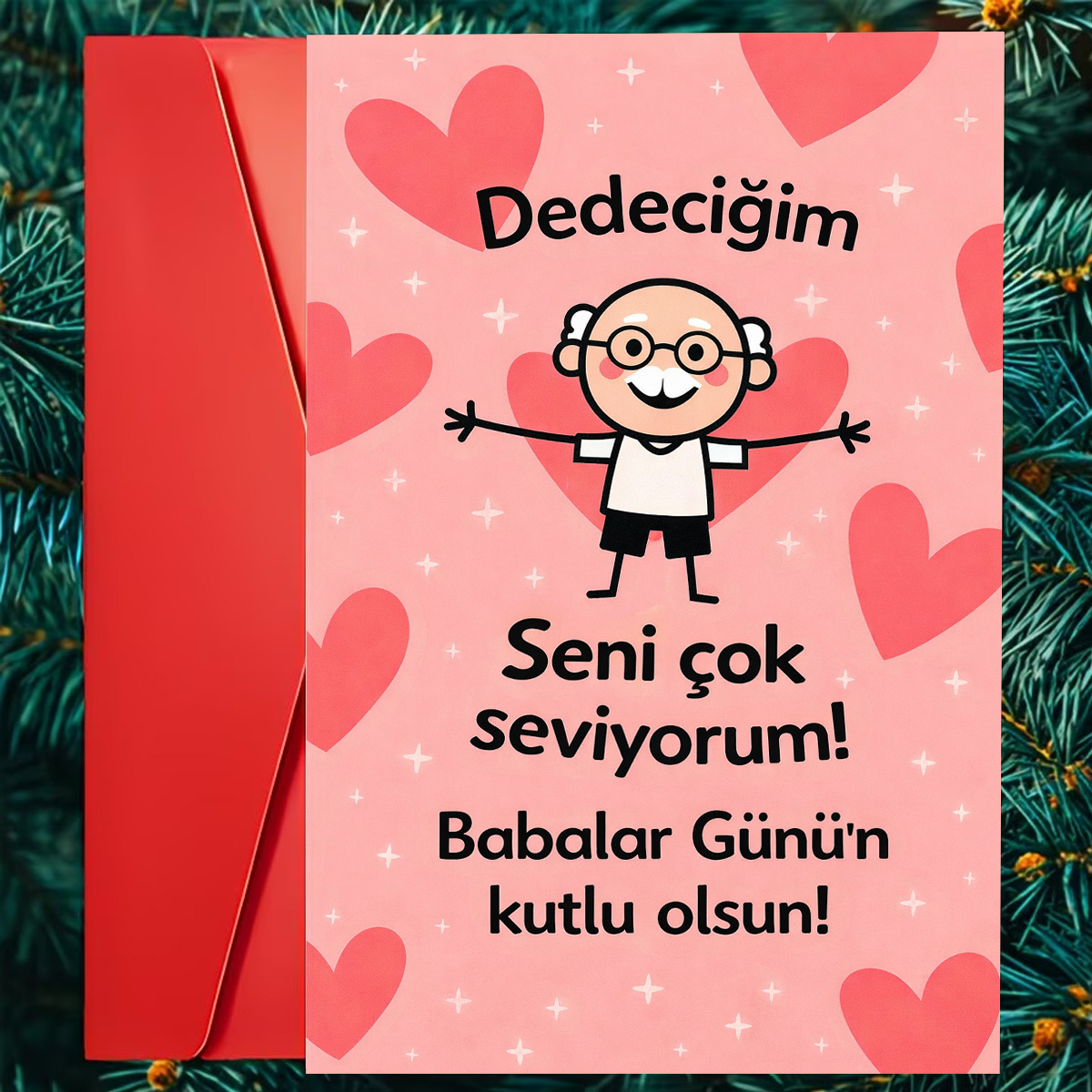 1pc Grandfather Fathers Day Card, Text I Love You And Happy Fathers Day In Turkish, Pink Background With Hearts And A Smiling Grandpa Illustration, Perfect For A Grandpa, Cute Cartoon Mixed .