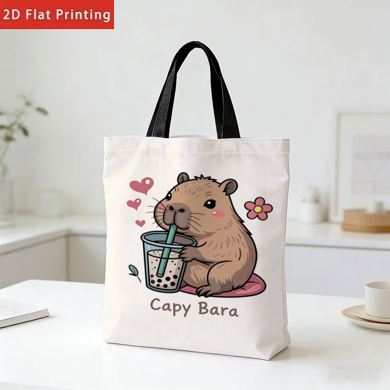 TEMU Capybara Drinking Milk Tea Painting Tote Bag, Large Capacity Design, Suitable For Daily Storage, Grocery Shopping, Commuting, Travel, Beach