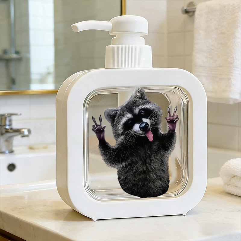 TEMU 1pc Home Bathroom Dispenser, Soap Lotion Pump Bottle With Raccoon Design, Manual Pump Refillable Bottle, Made Of Sturdy Plastic, Reusable