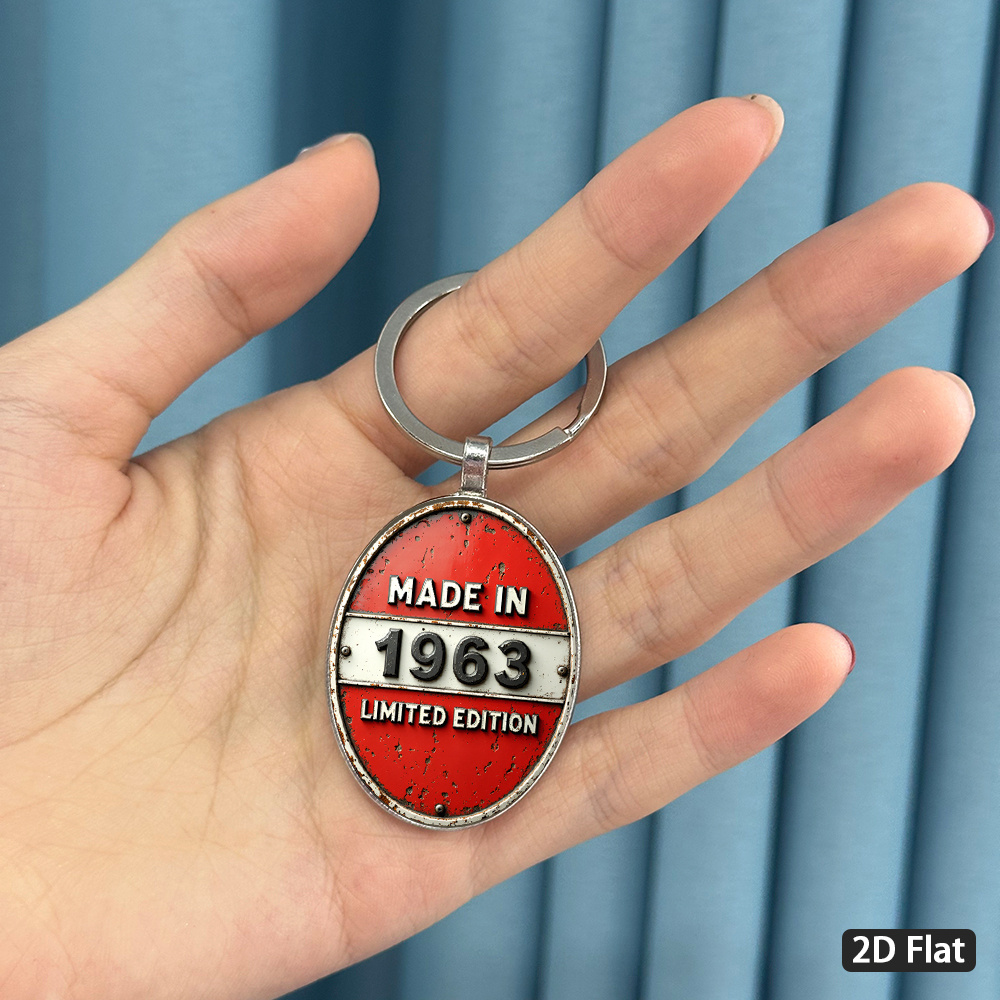 TEMU 2d Flat, 1pc 2d Flat Vintage-style Red And White "1963 Edition" Themed Keychain, Distressed Wear To Highlight A Sense Of Age, Simple Text And ,