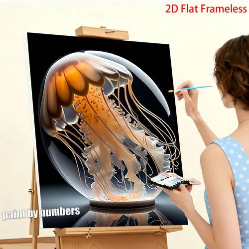item picture 2d flat frameless professional art use 1pc painting 40x50cm 15 7x19 6inch transparent sphere and elegant orange and white jellyfish suitable for room cafe office wall decoration