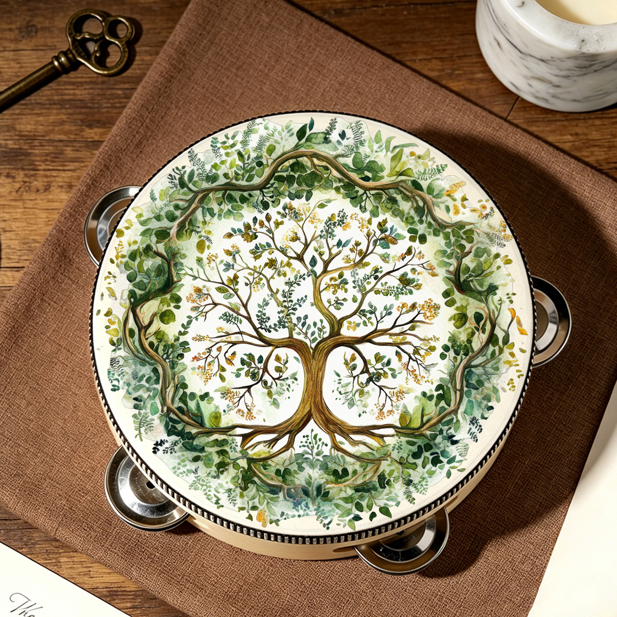 TEMU Tambourin à main en bois avec motif de couronne Arbre de et cloches en métal à double couche, instrument de percussion, idéal pour les fêtes KTV