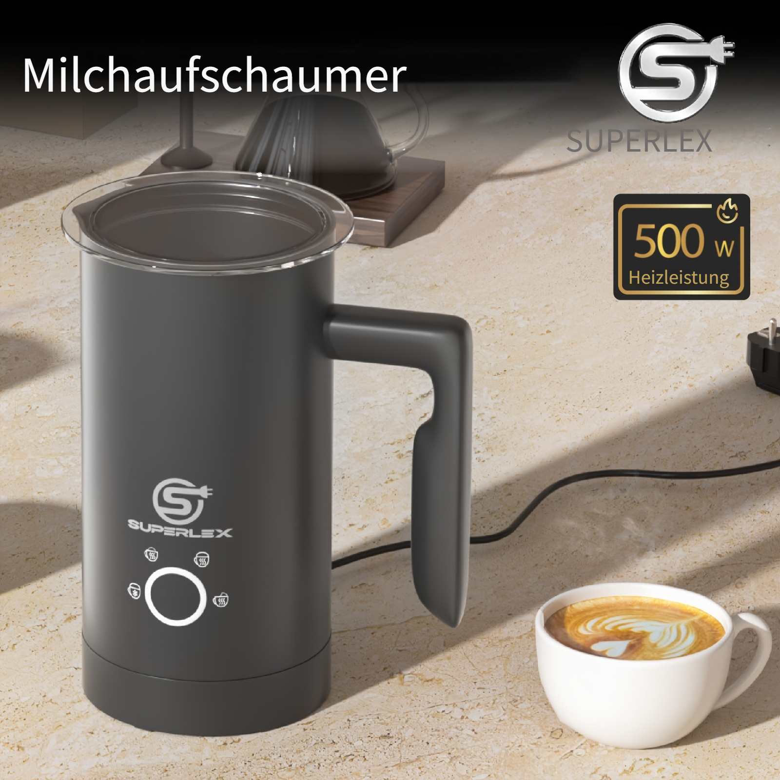 Superlex Electric Milk Frother And Warmer 600ml Stainless Steel Double Wall Milk Foaming Automatic Shut Off 360° Detachable For Cappuccino