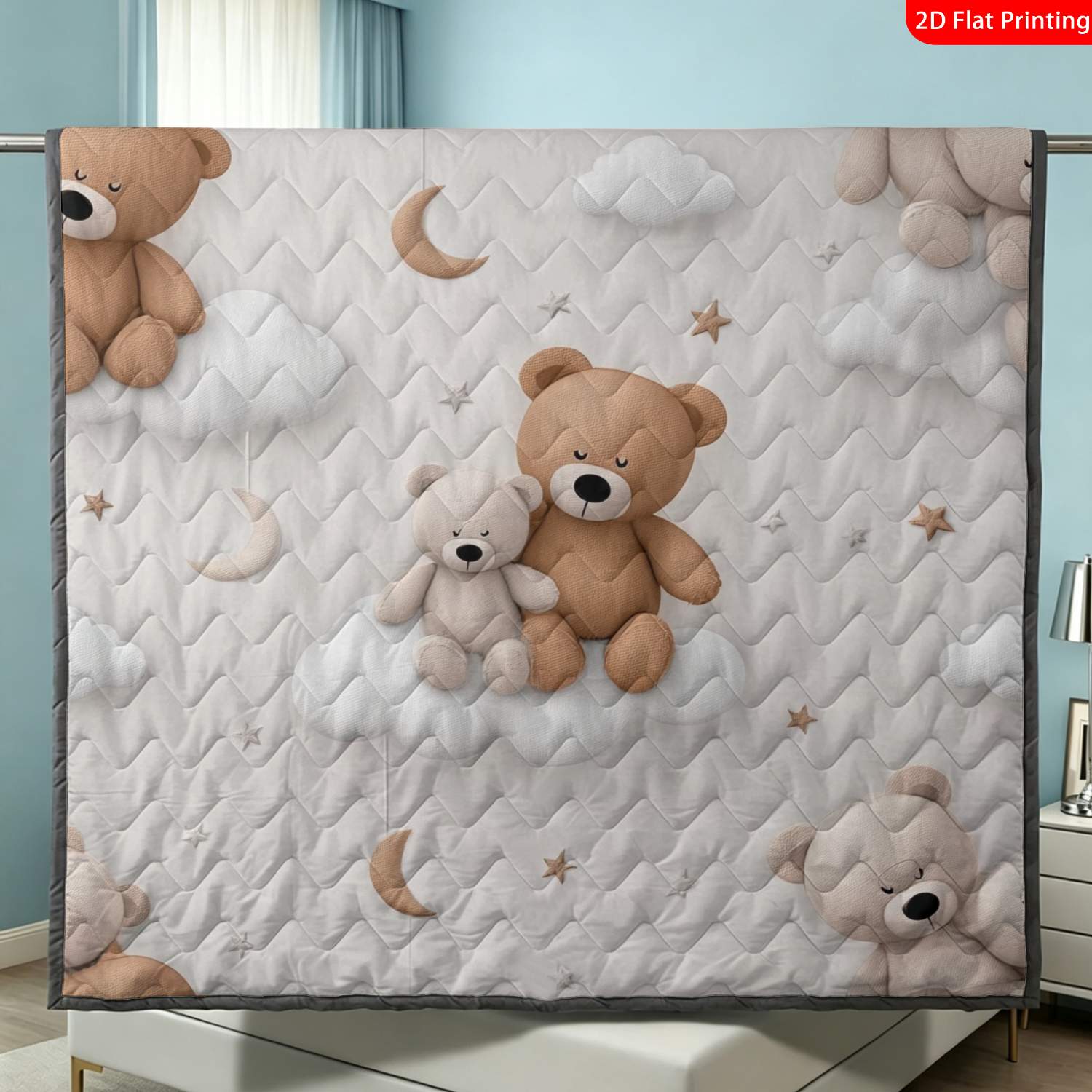 Thin Quilt Cartoon Bear Cloud Moon Star Pattern Blanket, Machine Washable