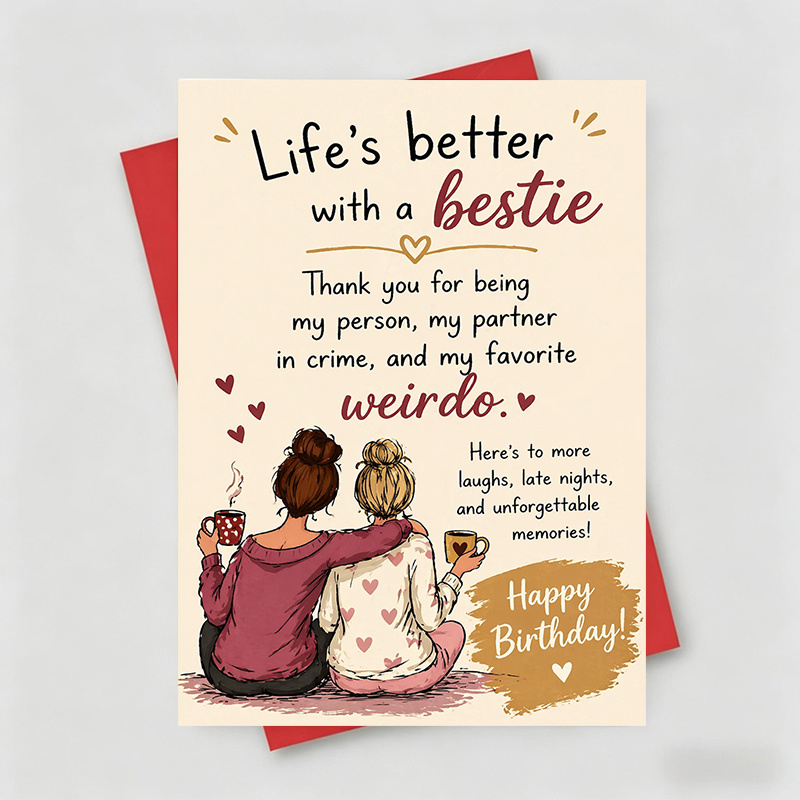 TEMU 1 Greeting Card And 1 Envelope Warm Funny Birthday Card, 2 For Seated With Hearts And Coffee Cups, " Better With A For Bestie", Suitable For ,