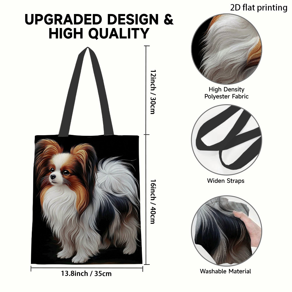 TEMU 2d Flat Printing, 1pc Fluffy Papillon Dog Tote Bags, Book Tote Bag And Daily Storage, Suitable For Commuting, Travel, Shopping, School