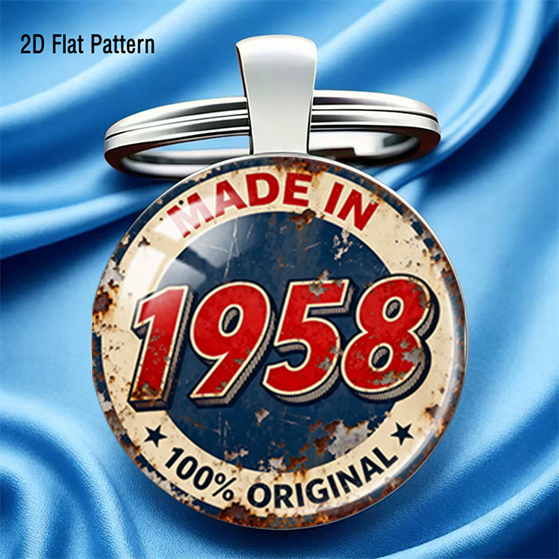 TEMU 2d Flat Made In 1958 And 100% Original - Themed Keychain, Unisex, Durable Alloy With Round Glass Top, Stylish And Unique, For Bag And Car - Key