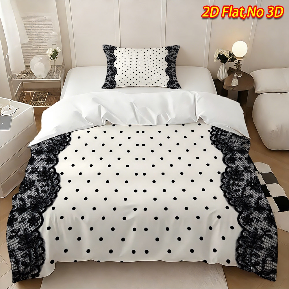 TEMU 2/3pcs 2d Flat Printing Spring Summer New Cream Base Black Polka Dot Black Plant Lace Style Duvet Cover Set (1 X Duvet Cover And Pillowcases, No