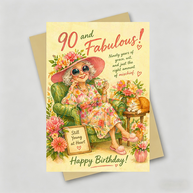 TEMU 1 Greeting Card + 1 Envelope Elegant 90th Birthday Greeting Card, Floral Woman With Hat And Cat, At Heart, Suitable For Grandmother, Birthday,