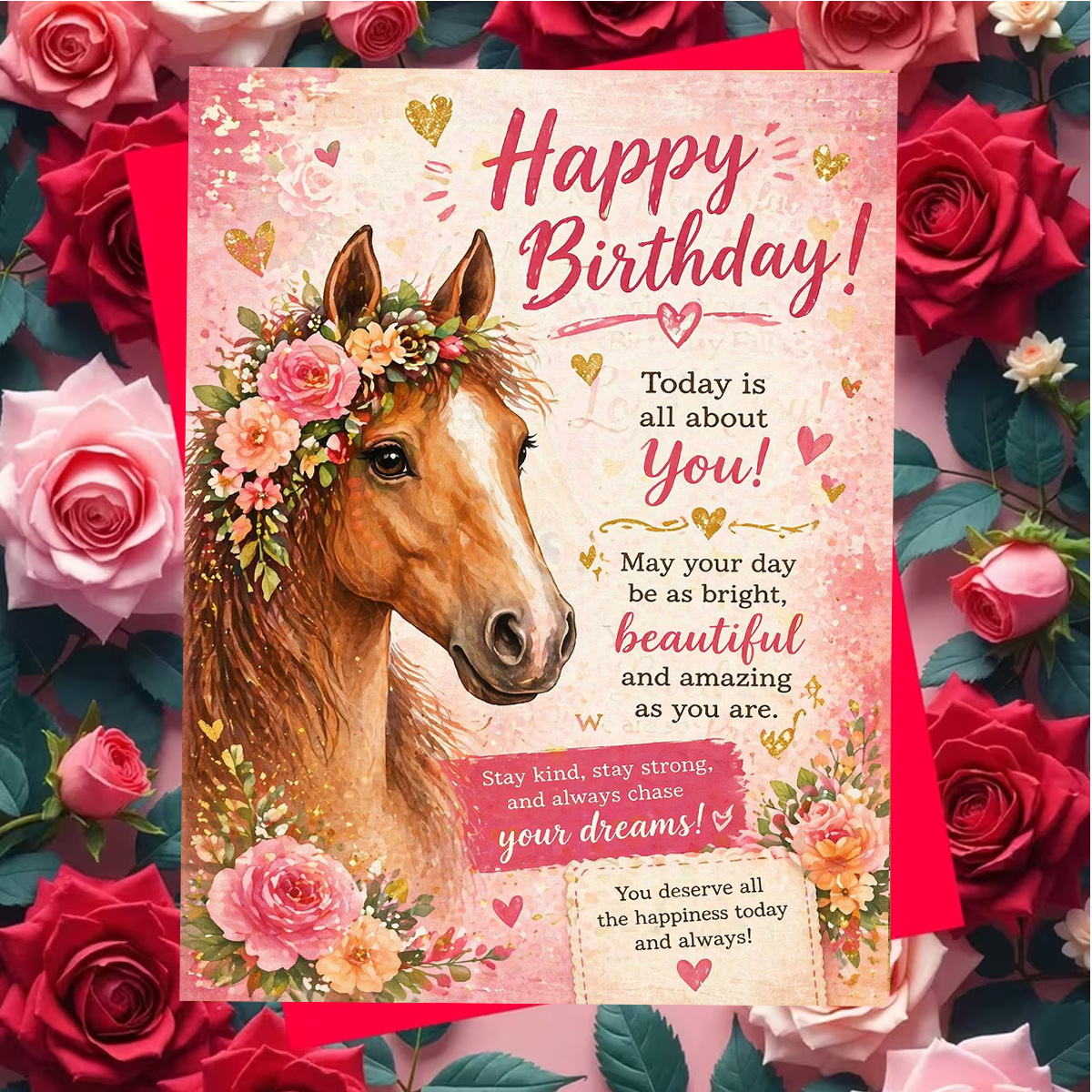 TEMU 1set(an Envelope And A Card) Watercolor Horse Birthday Card, Happy Birthday, Floral Horse Portrait, For Women, High Quality Paper, Red Or