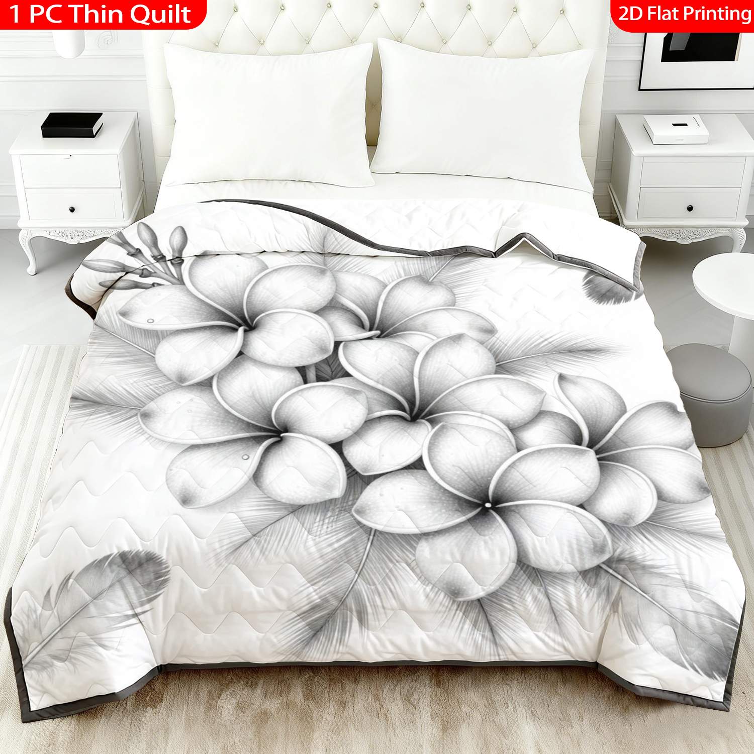 TEMU 1pc Thin Quilt 2d Flat Print Plumeria Flower Feather Black White Pattern Machine Washable And Resistant To Deformation Suitable In Multiple