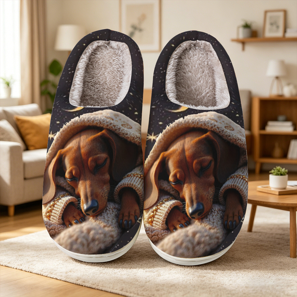 TEMU Men's & Women's Dachshund Print Knit Slippers - Open-toe Slip- Shoes With Tpr Sole, Lightweight Breathable Suitable For Indoor/outdoor, Cute