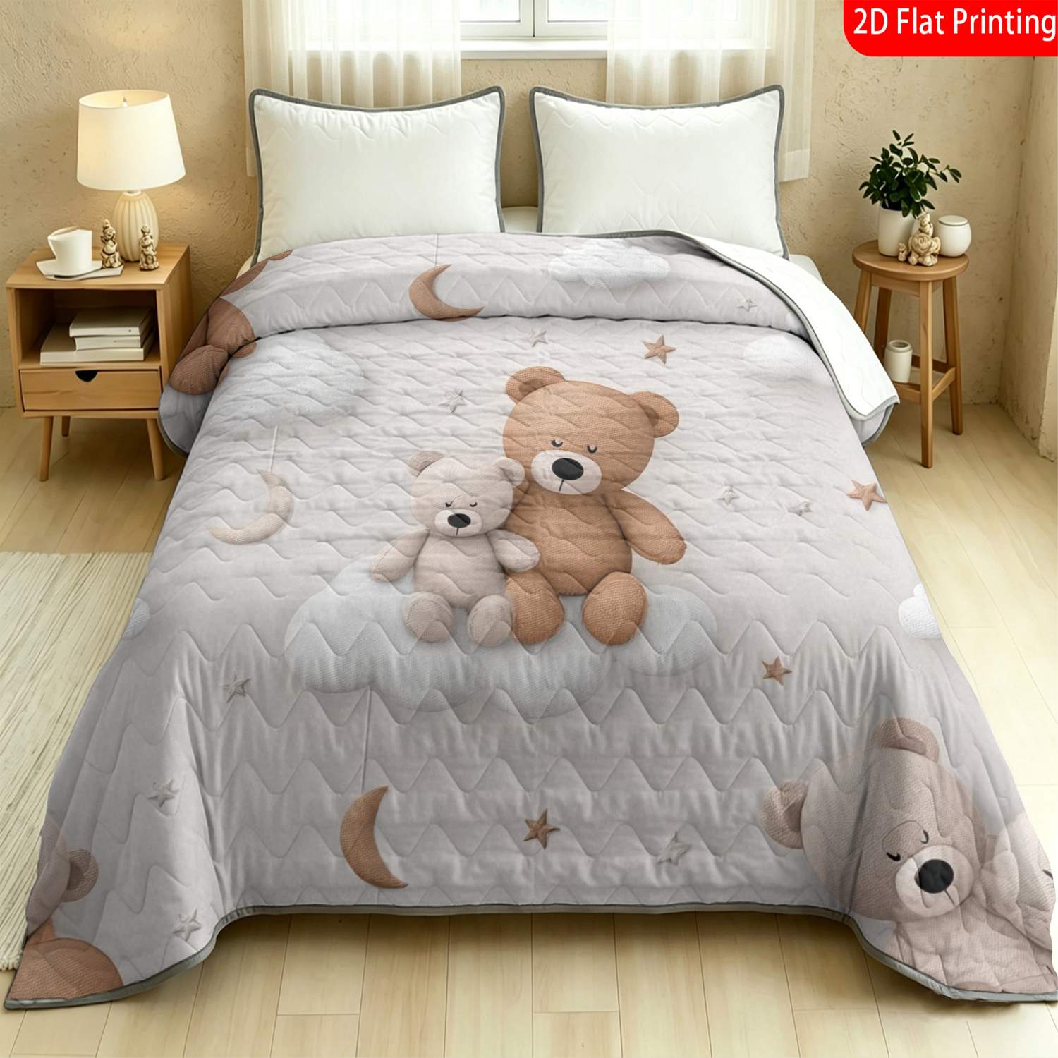 Thin Quilt Cartoon Bear Cloud Moon Star Pattern Blanket, Machine Washable