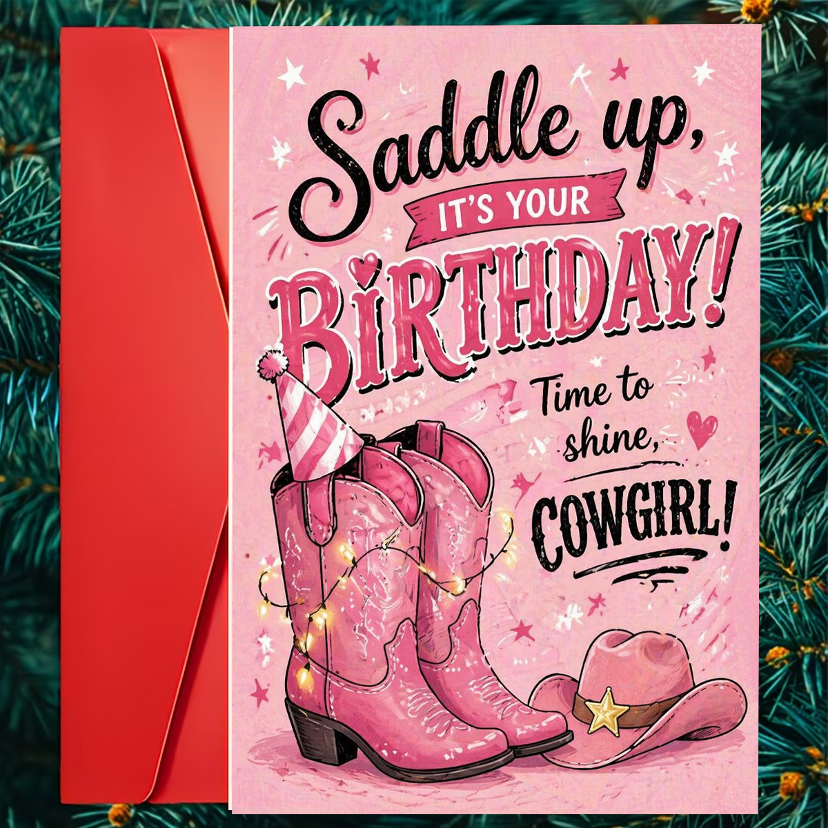 TEMU 1pc Greeting Card And 1pc Envelope. 2d Cowboy Boots Birthday Card, Designed For Women, High-quality Paper, Red Or Available, Creative Greeting