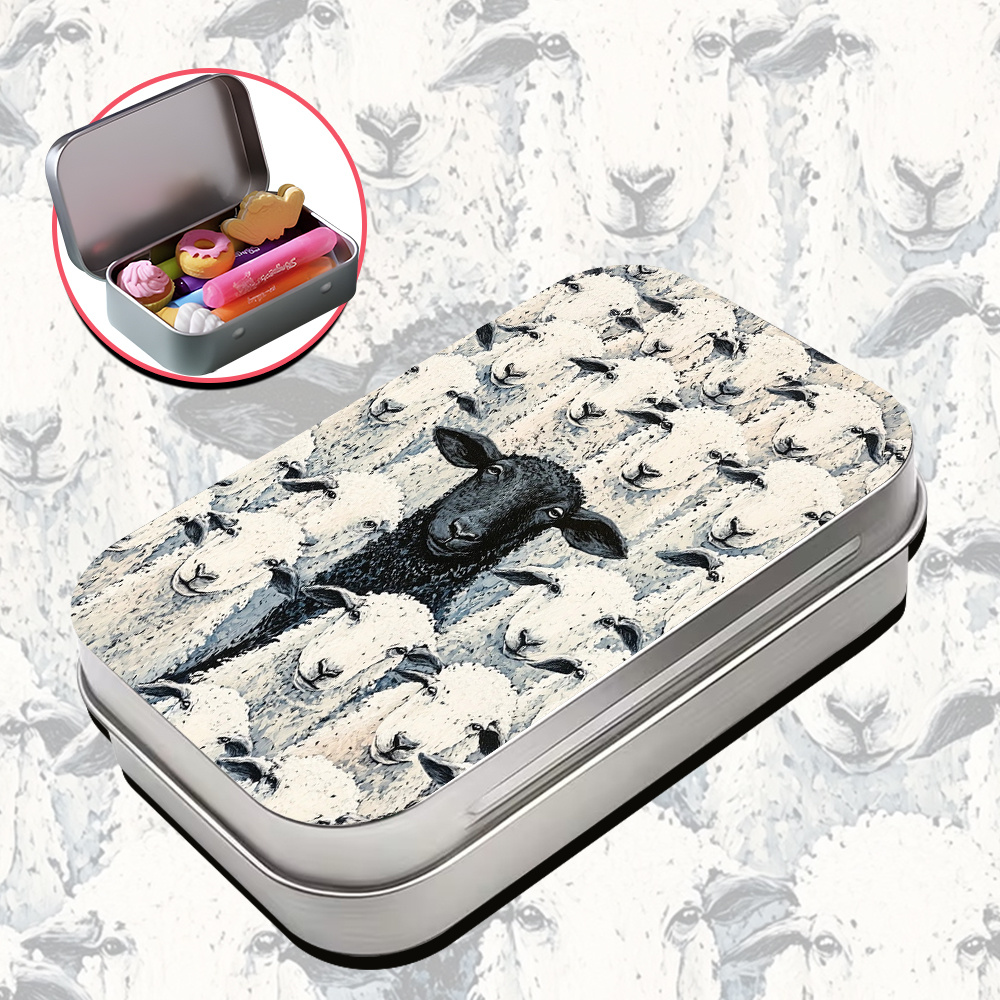 TEMU 1pc Square Metal Hinged Tin Box, Black And White Flock Of Sheep With Black Sheep Pattern Style, Small Storage Box & Home Organizer With Lids For