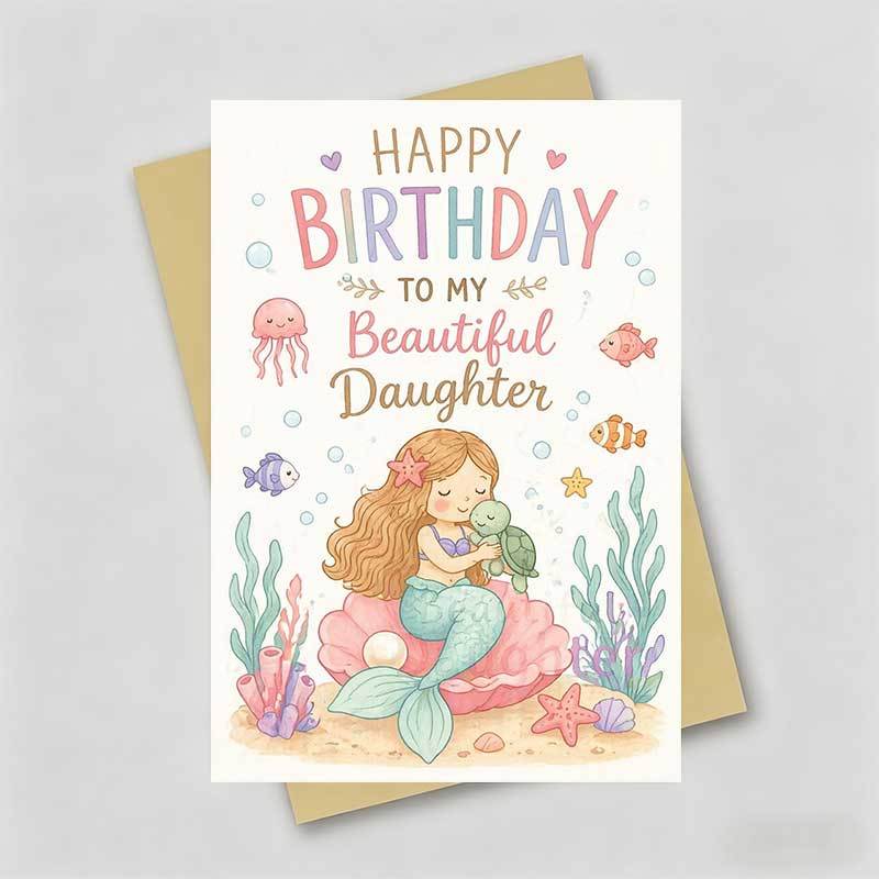 TEMU 1 Greeting Card + 1 Envelope Adorable Birthday Card, Mermaid Birthday Scene With Sea Creatures And A To My , Suitable For Daughter, Birthday,