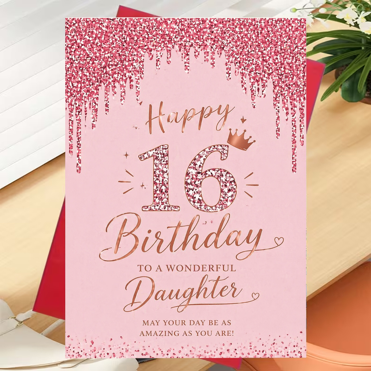 TEMU 1pc Pink Glitter Happy 16th Birthday Daughter Card, "happy Birthday, 16-year-old Daughter, May Your Days Be As Wonderful ", Elegant Pink Glitter