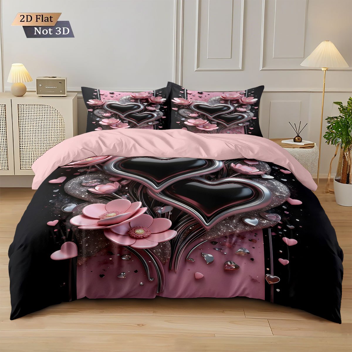 TEMU 3pcs Set, Happy Valentine's Day Element Printed Duvet Cover, Heart Pattern, (1pc Duvet Cover And 2pcs Pillowcases) Soft And Comfortable Bedding,
