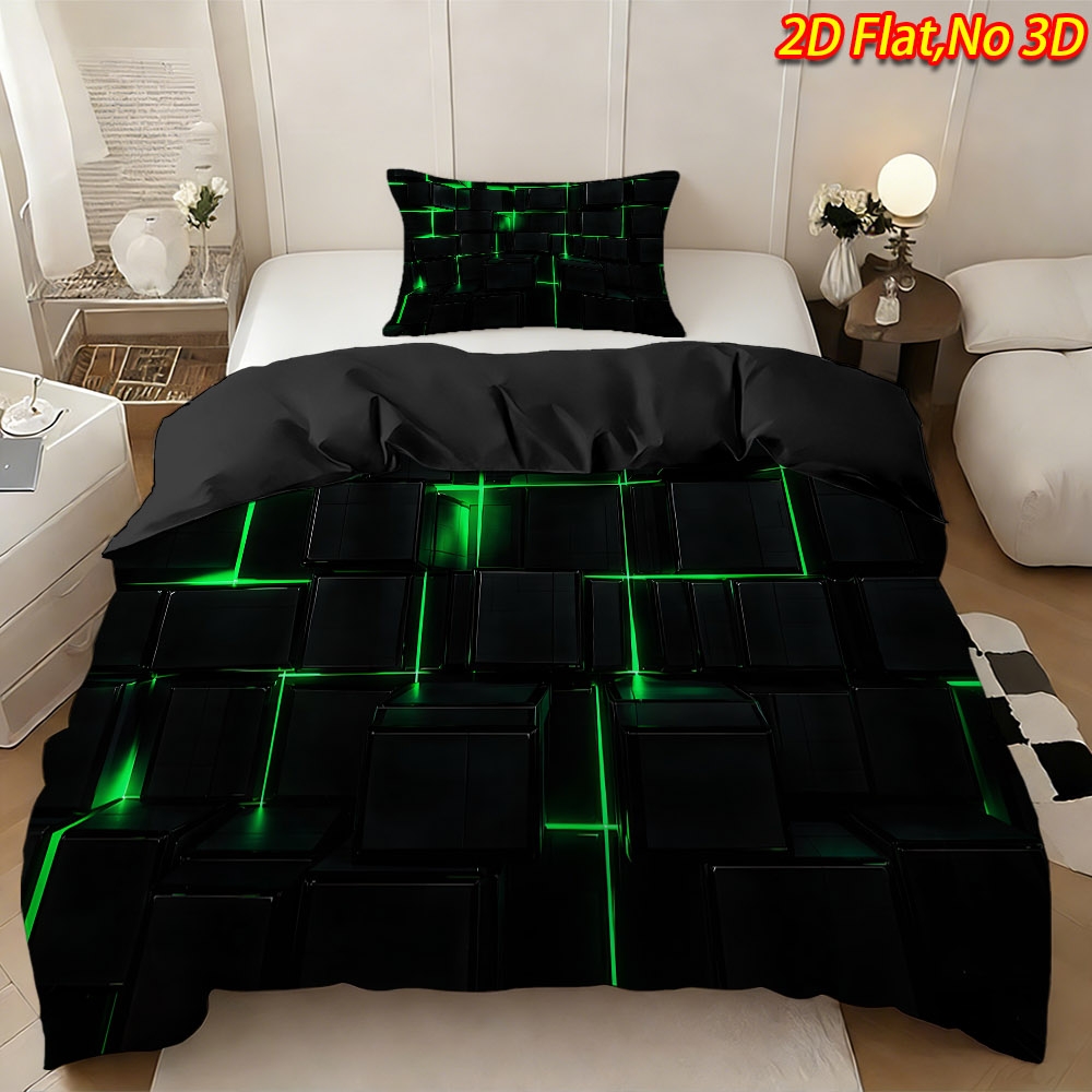 TEMU 2/3pcs 2d Flat Printing Spring Summer New Cool Tech Black Green Fluorescent Duvet Cover Set (1 X Duvet Cover And Pillowcases, No Filling),