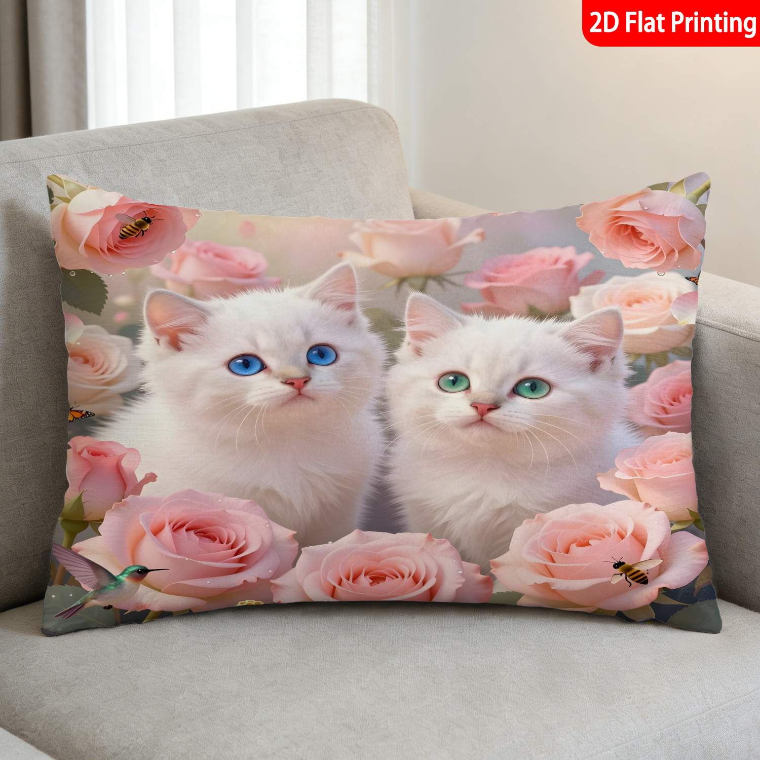 TEMU 1pc Pillowcase, (pillow Inserts Not Included) 2d Flat Print Product Printing White Kittens With Blue And Pink Roses Design, Ideal For Home