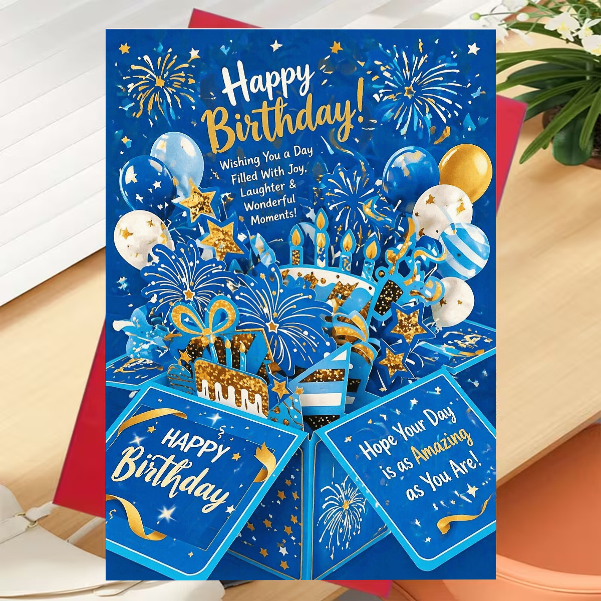TEMU 1 Blue Glitter Birthday Pop-up Card | "happy Birthday! A Day Filled , , And Wonderful Moments!" Featuring Festive Fireworks And Balloons, Made