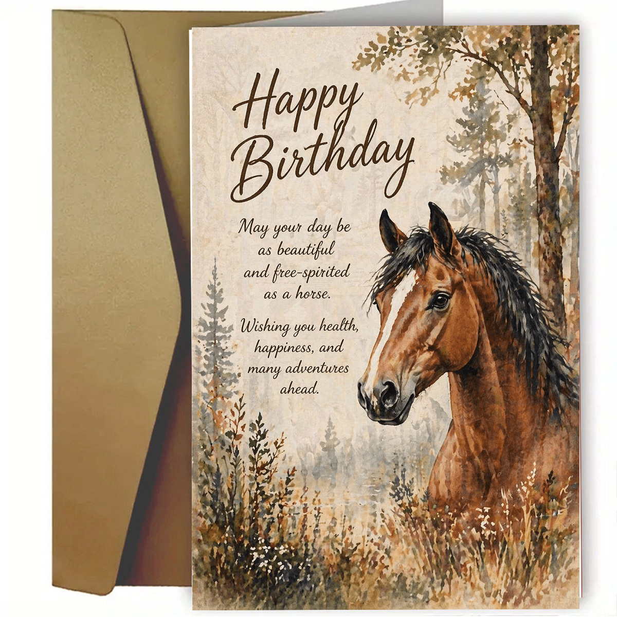 TEMU 1set(a Greeting Card And A Envelope.) Watercolor Horse Birthday Card, Happy Birthday Text, Rustic Forest Scene, For , , Red Or , Creative