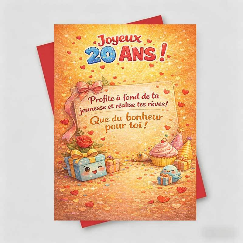 TEMU 1 Carte de Vœux + 1 Enveloppe Carte de Vœux 20e Anniversaire, Scène de Fête avec Cœur Doré, Boîte Cadeau, Cupcakes et Ruban, " 20 Ans! ",