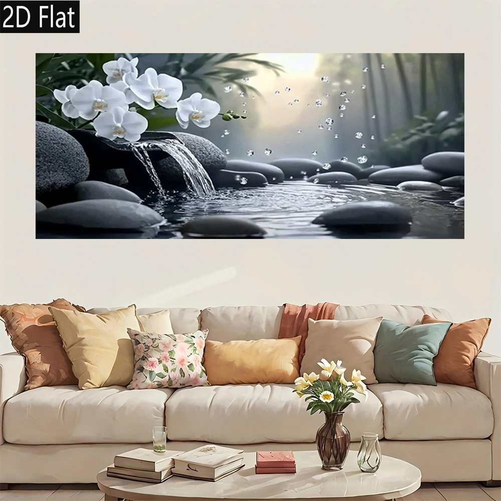 TEMU 2d Flat, 2d Flat 1pc White Orchids Waterfall Zen Gardengift Ready Frameless Large Size Background Wall Art Canvas Wall Art Modern Retro Poster