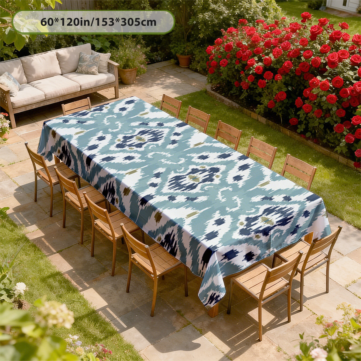 TEMU Mantel rectangular de 1 pieza para uso en interiores/exteriores - ikat geométrico moderno en azul, verde y , duradero y fácil de limpiar, para