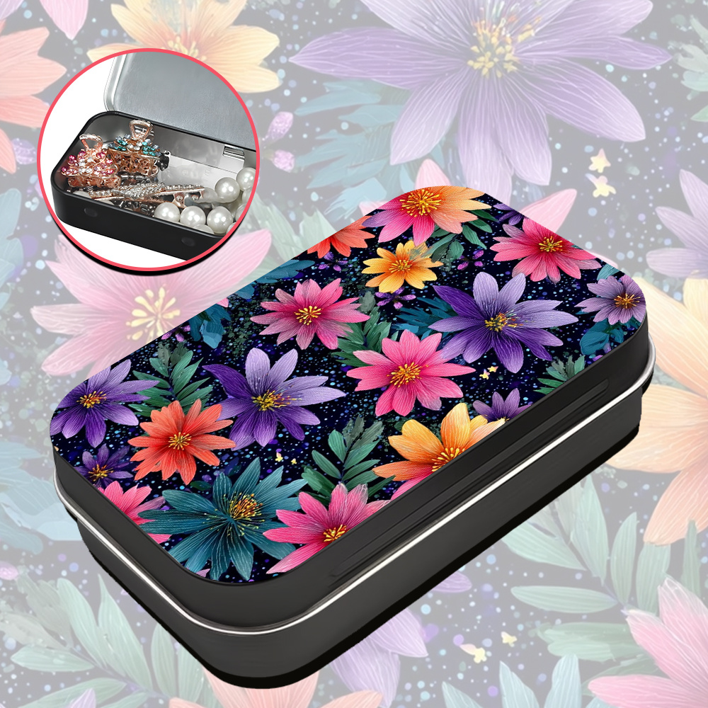 TEMU 1pc Square Metal Hinged Tin Box, Colorful Floral Pattern Style, Small Storage Box & Home Organizer With Lids For Jewelry, Desktop Organization,
