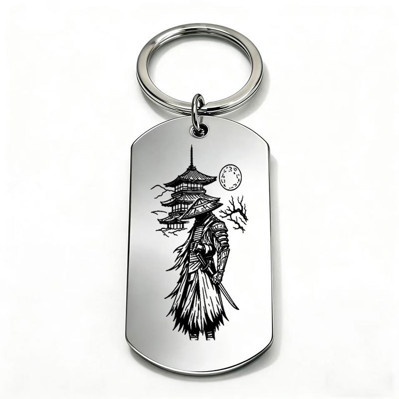 TEMU 1pc Metal Laser Engraved Japanese And Pagoda Pattern Military Tag Style Keychain, Japanese Vintage Style Keyring, A Gift For , Family, Or