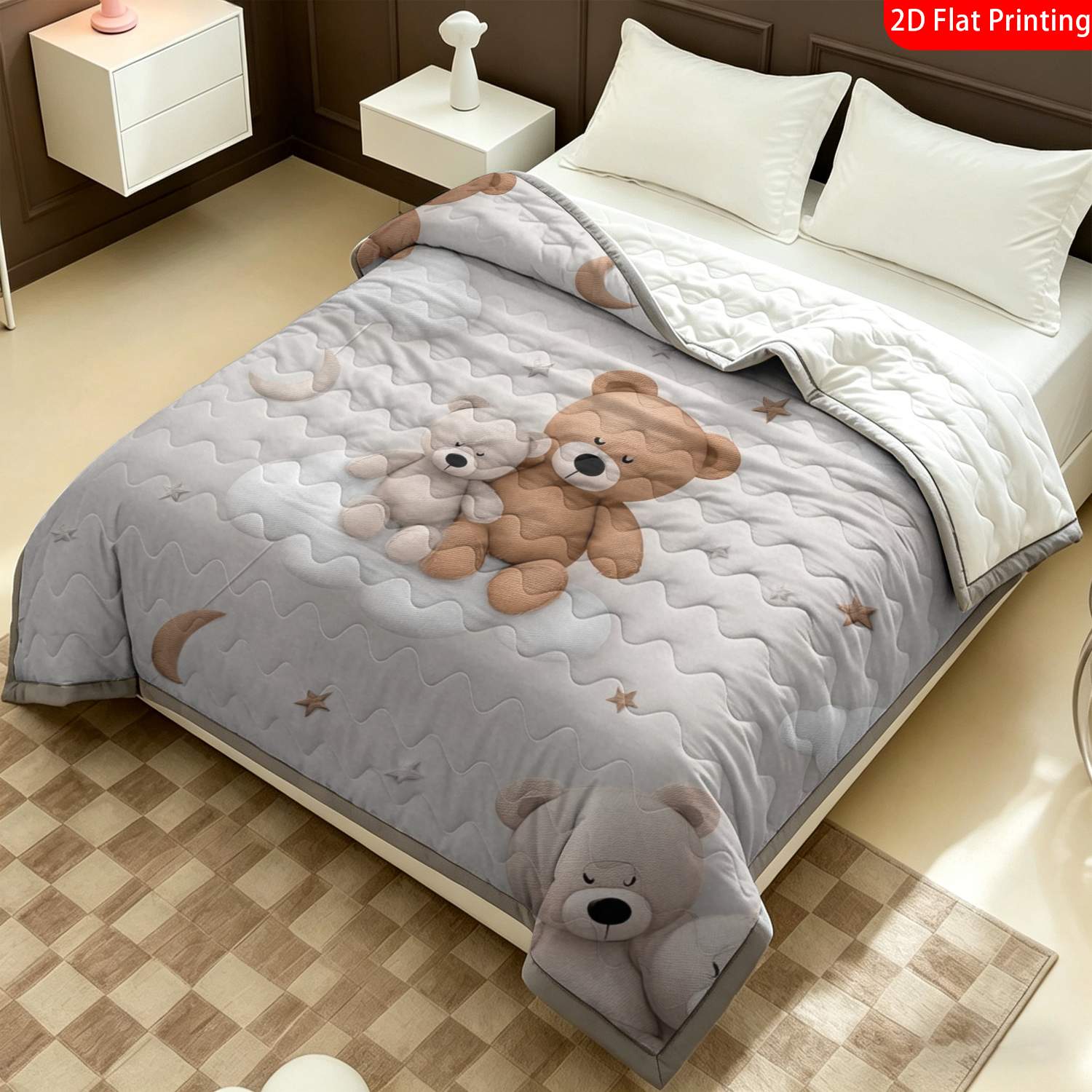 Thin Quilt Cartoon Bear Cloud Moon Star Pattern Blanket, Machine Washable