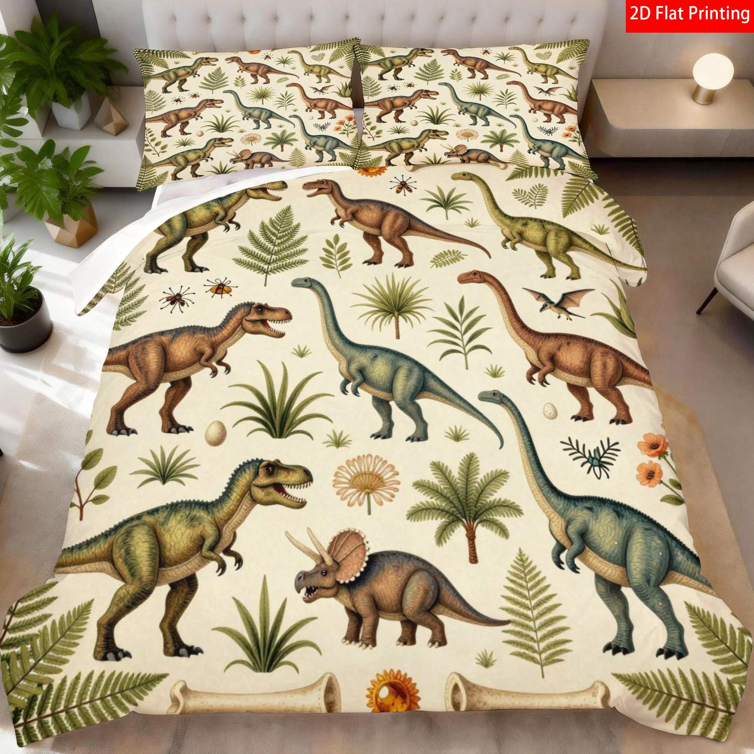 TEMU 2/3pcs 2d Flat Printing Vintage Dinosaur Theme Quilt Cover Bedding Beige Green Brown Prehistoric Animal Leaf Fossil Print Pattern Suitable For